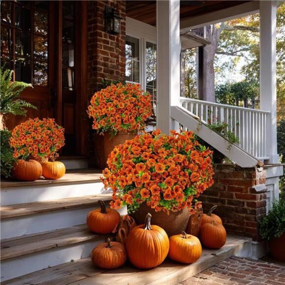 Artificial Fall Flowers Outdoor Fake Mums - 16 Bundles Fake Plants UV Resistant - Picture 5 of 7